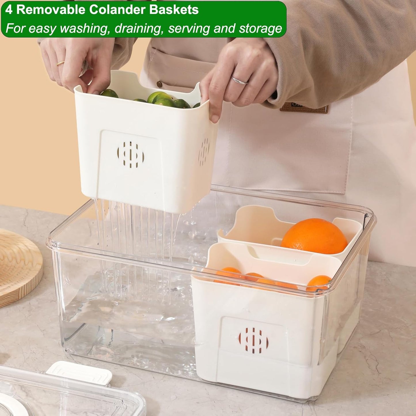 Airtight Fruit Storage Containers for Fridge with Lid & Handle, BPA-Free Snack Box Container with 4 Removable Colanders, Berry Vegetable Fresh Produce Saver, Clear Refrigerator Organizer Bins