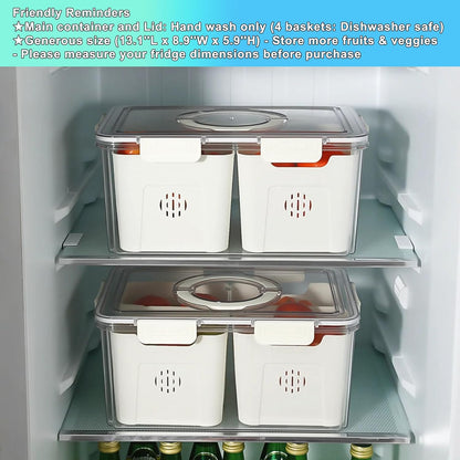 Airtight Fruit Storage Containers for Fridge with Lid & Handle, BPA-Free Snack Box Container with 4 Removable Colanders, Berry Vegetable Fresh Produce Saver, Clear Refrigerator Organizer Bins