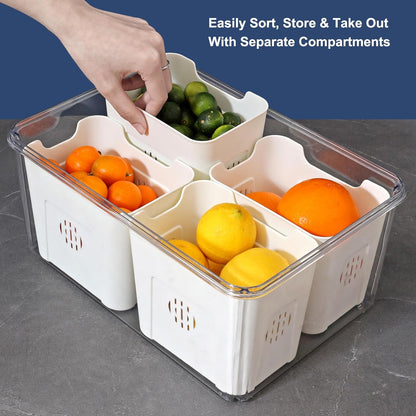 Airtight Fruit Storage Containers for Fridge with Lid & Handle, BPA-Free Snack Box Container with 4 Removable Colanders, Berry Vegetable Fresh Produce Saver, Clear Refrigerator Organizer Bins