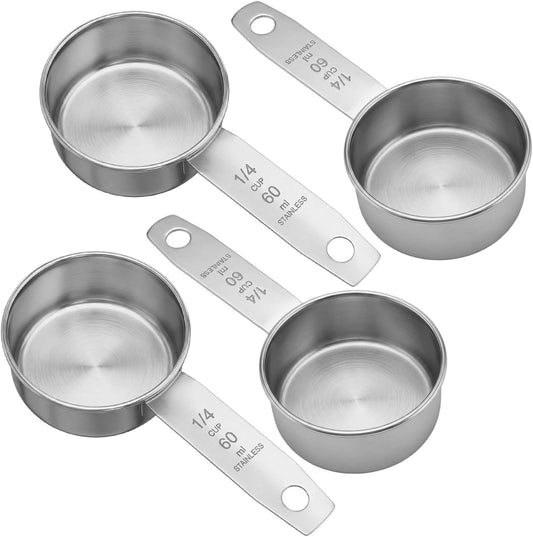 4 Pcs 60 ml Measuring Cup, 1/4 Cup Stainless Steel Cooking Measure Scoop, 2 oz Measure Cup Tablespoon with Handle for Dry and Wet Food, Metal Coffee Scoop for Cooking Drinking Baking