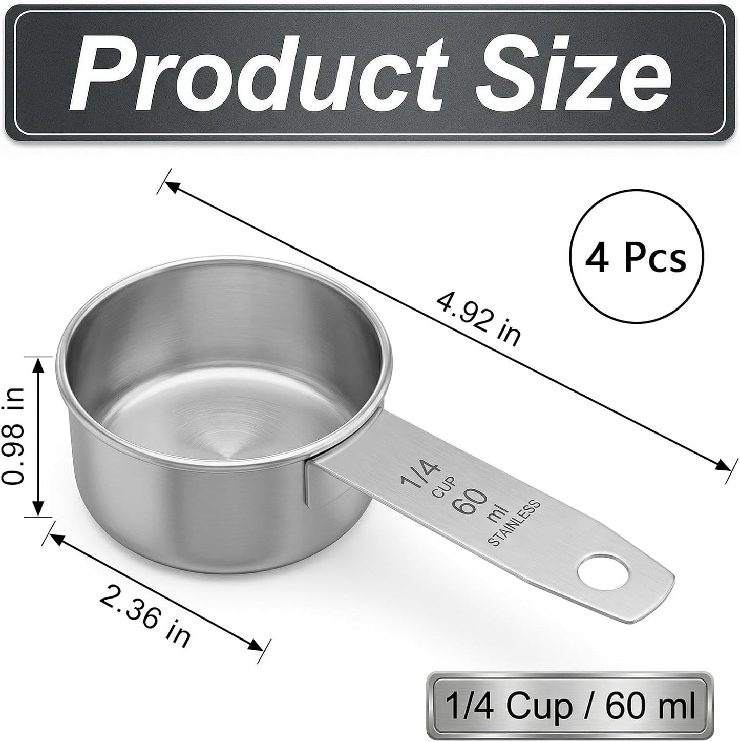 4 Pcs 60 ml Measuring Cup, 1/4 Cup Stainless Steel Cooking Measure Scoop, 2 oz Measure Cup Tablespoon with Handle for Dry and Wet Food, Metal Coffee Scoop for Cooking Drinking Baking