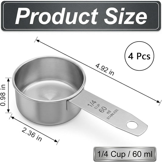4 Pcs 60 ml Measuring Cup, 1/4 Cup Stainless Steel Cooking Measure Scoop, 2 oz Measure Cup Tablespoon with Handle for Dry and Wet Food, Metal Coffee Scoop for Cooking Drinking Baking