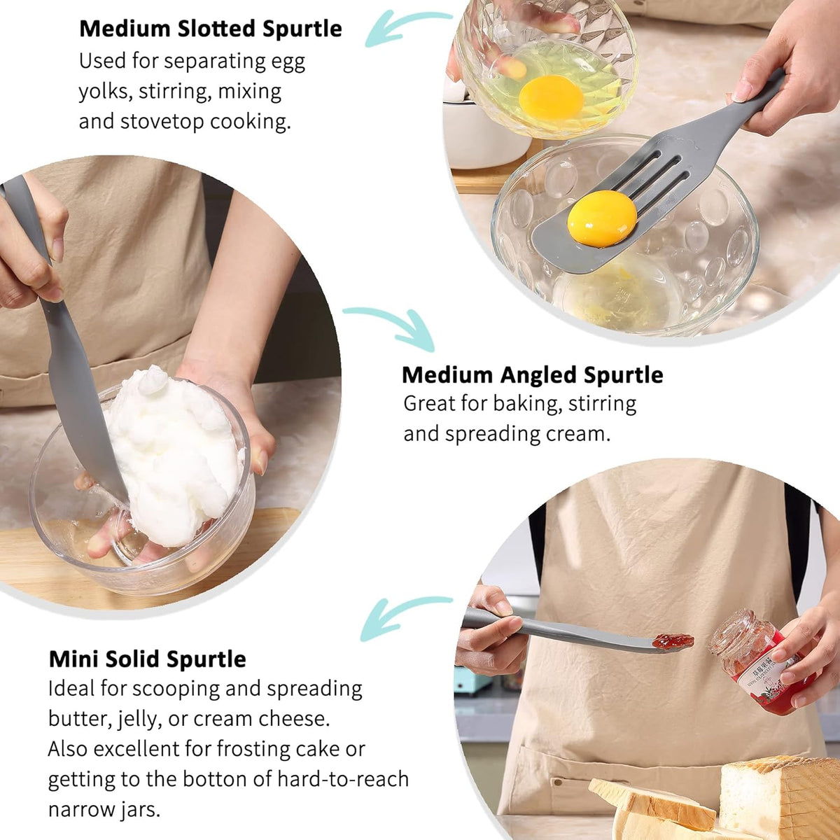 Silicone Spurtle Set, Silicone Spatula Set, Heat Resistant Cooking Utensil for Nonstick Cookware, Serving，Baking, Whisking, Smashing, Scooping, Spreading