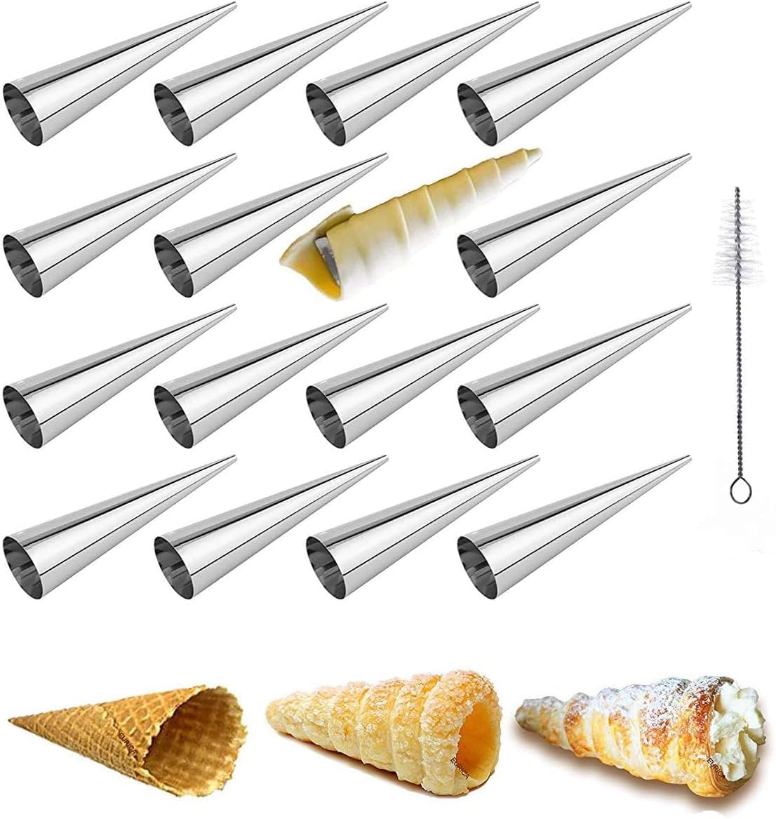 large Cream Horn Molds 5-inch, 16 PCS Cream Horns Pastry Molds with Cleaning Brush Croissant Baking Forms for Baking Croissants Bead, Chocolate Croissant, Brioche Rolls, Party Dessert