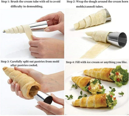 large Cream Horn Molds 5-inch, 16 PCS Cream Horns Pastry Molds with Cleaning Brush Croissant Baking Forms for Baking Croissants Bead, Chocolate Croissant, Brioche Rolls, Party Dessert