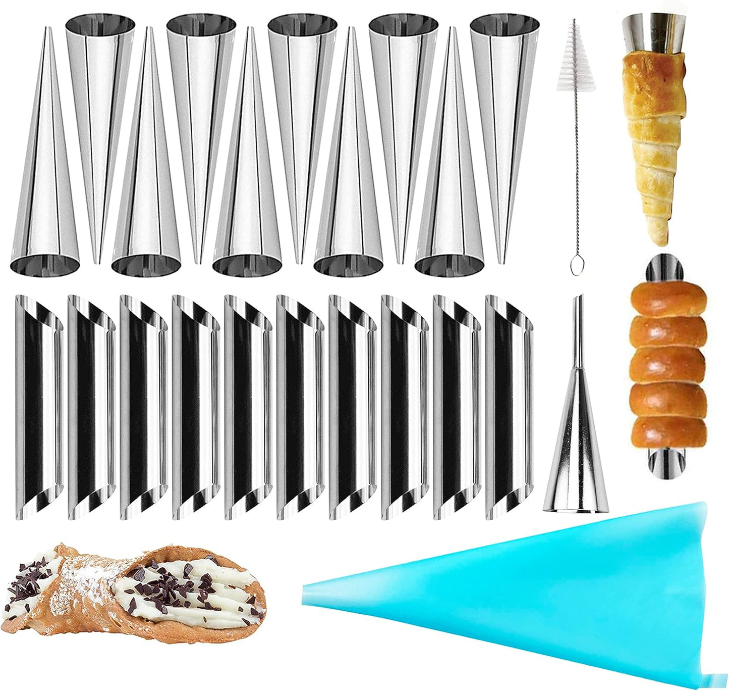 large Cream Horn Molds 5-inch, 16 PCS Cream Horns Pastry Molds with Cleaning Brush Croissant Baking Forms for Baking Croissants Bead, Chocolate Croissant, Brioche Rolls, Party Dessert