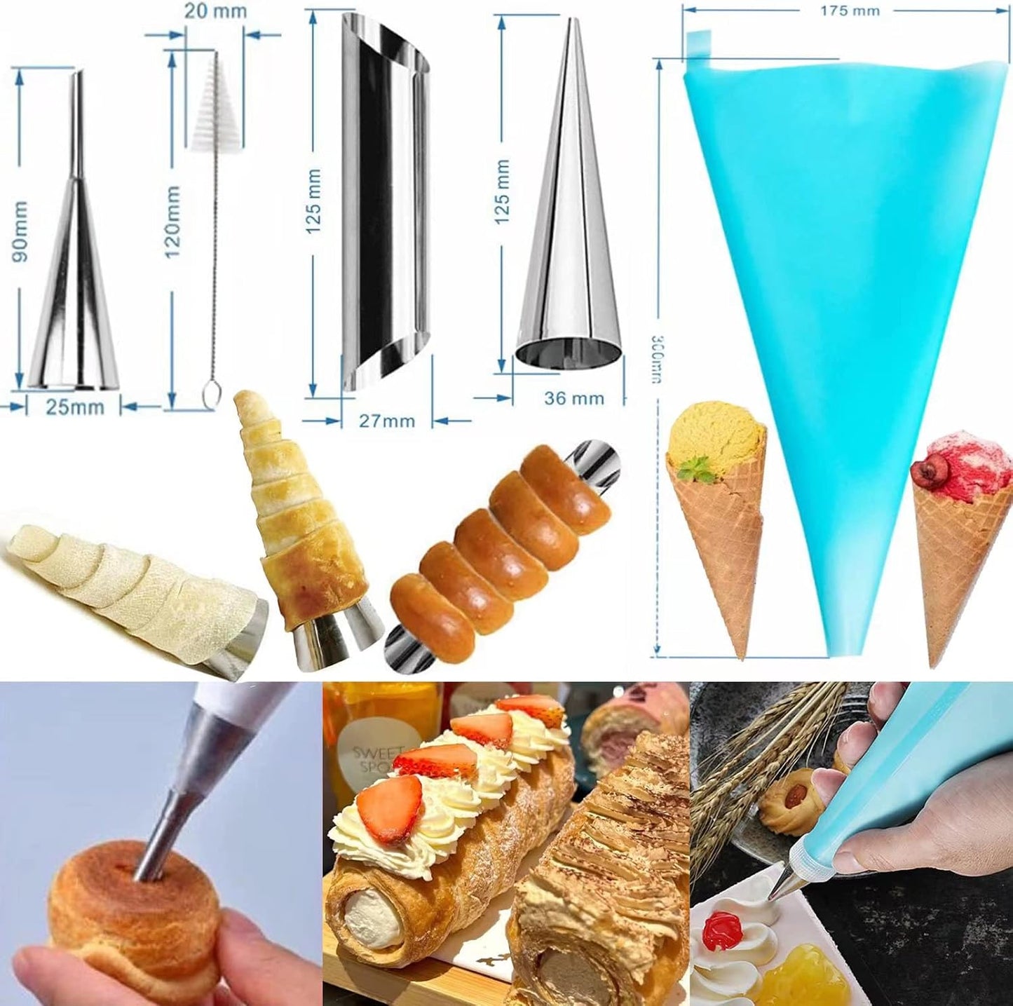 large Cream Horn Molds 5-inch, 16 PCS Cream Horns Pastry Molds with Cleaning Brush Croissant Baking Forms for Baking Croissants Bead, Chocolate Croissant, Brioche Rolls, Party Dessert