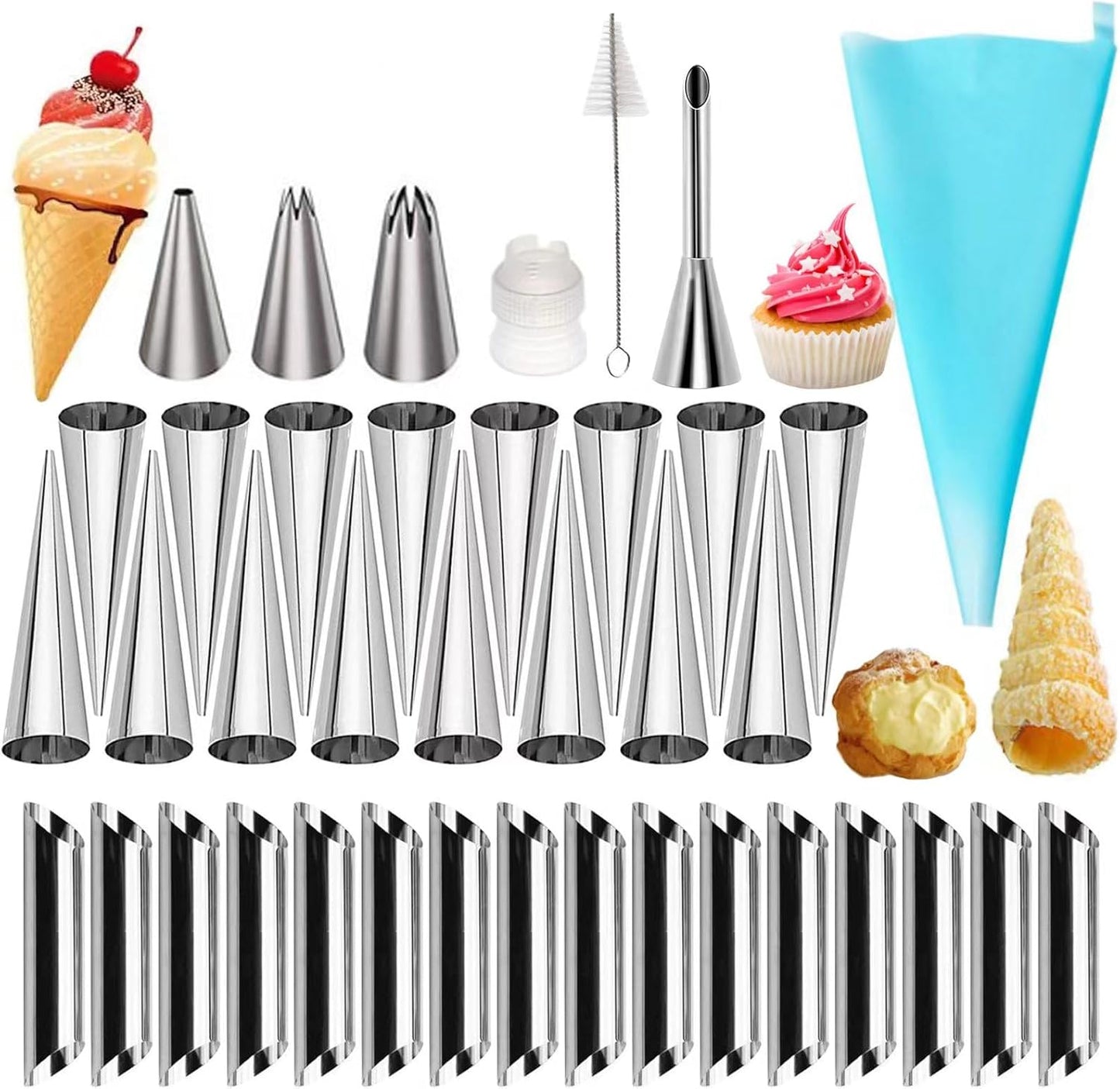 large Cream Horn Molds 5-inch, 16 PCS Cream Horns Pastry Molds with Cleaning Brush Croissant Baking Forms for Baking Croissants Bead, Chocolate Croissant, Brioche Rolls, Party Dessert