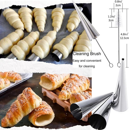 large Cream Horn Molds 5-inch, 16 PCS Cream Horns Pastry Molds with Cleaning Brush Croissant Baking Forms for Baking Croissants Bead, Chocolate Croissant, Brioche Rolls, Party Dessert