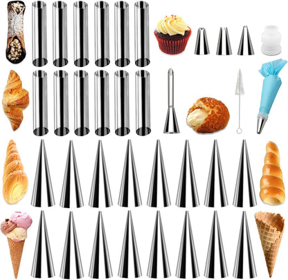 large Cream Horn Molds 5-inch, 16 PCS Cream Horns Pastry Molds with Cleaning Brush Croissant Baking Forms for Baking Croissants Bead, Chocolate Croissant, Brioche Rolls, Party Dessert