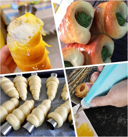 large Cream Horn Molds 5-inch, 16 PCS Cream Horns Pastry Molds with Cleaning Brush Croissant Baking Forms for Baking Croissants Bead, Chocolate Croissant, Brioche Rolls, Party Dessert
