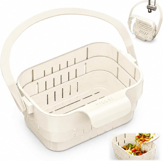 Sink Strainer Basket, 2026 Upgrade Foldable Hanging Sink Drain Basket | No-drill removable sink filter basket for food scraps, produce rinsing, leftover draining and daily cleanup (White)