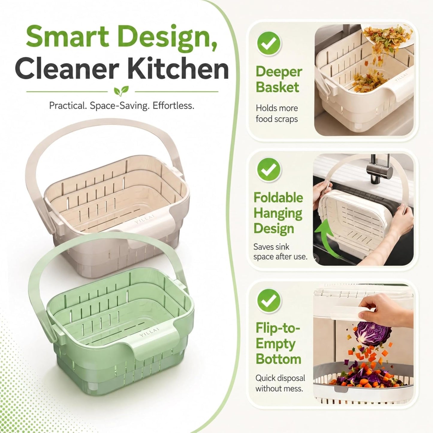 Sink Strainer Basket, 2026 Upgrade Foldable Hanging Sink Drain Basket | No-drill removable sink filter basket for food scraps, produce rinsing, leftover draining and daily cleanup (White)
