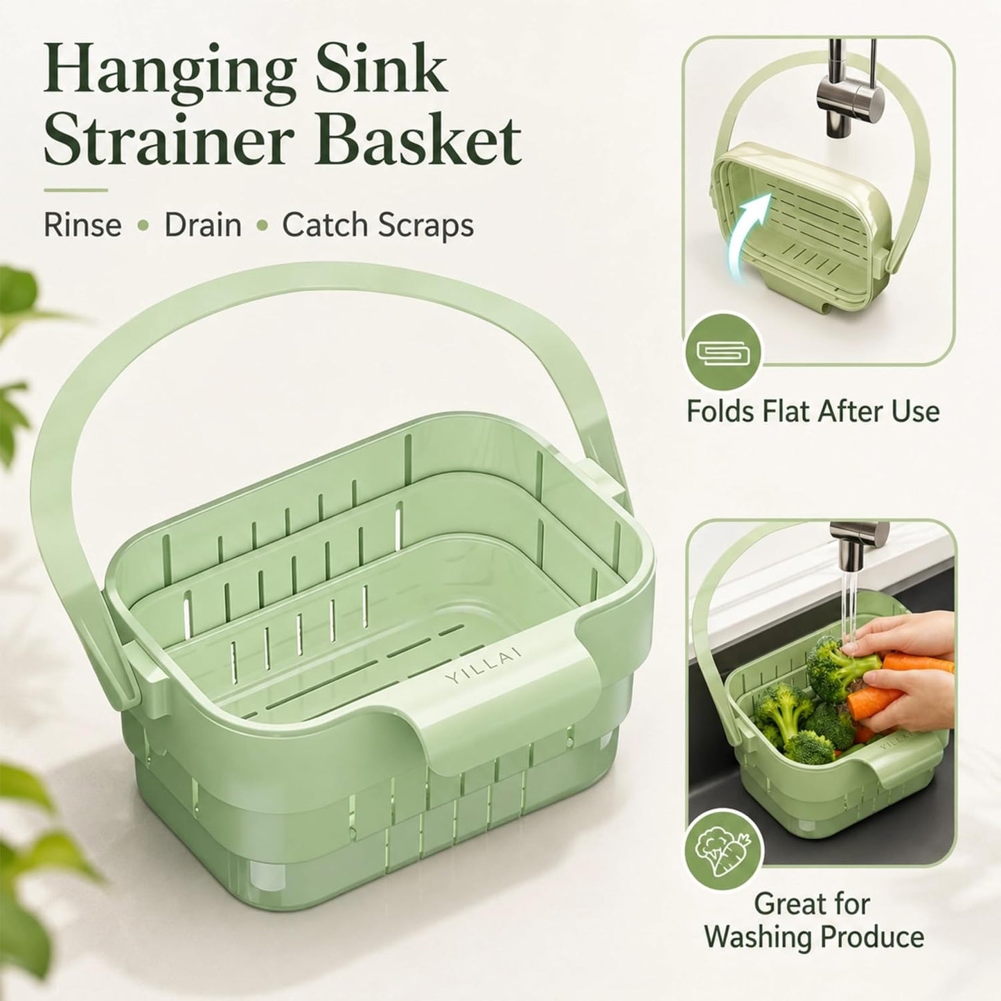 Sink Strainer Basket, 2026 Upgrade Foldable Hanging Sink Drain Basket | No-drill removable sink filter basket for food scraps, produce rinsing, leftover draining and daily cleanup (White)