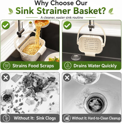 Sink Strainer Basket, 2026 Upgrade Foldable Hanging Sink Drain Basket | No-drill removable sink filter basket for food scraps, produce rinsing, leftover draining and daily cleanup (White)