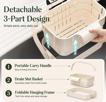 Sink Strainer Basket, 2026 Upgrade Foldable Hanging Sink Drain Basket | No-drill removable sink filter basket for food scraps, produce rinsing, leftover draining and daily cleanup (White)