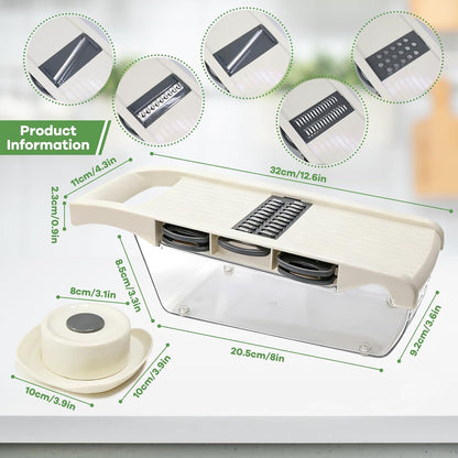 6-in-1 Mandoline Slicer for Kitchen, Multi Blade Veggie Cutter with Drainage Tray, Stainless Steel Blades, BPA-Free, Non-Slip Base & Easy Clean for Meal Prep (stainless steel)