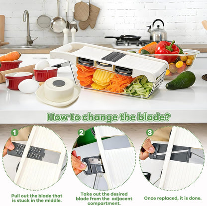 6-in-1 Mandoline Slicer for Kitchen, Multi Blade Veggie Cutter with Drainage Tray, Stainless Steel Blades, BPA-Free, Non-Slip Base & Easy Clean for Meal Prep (stainless steel)