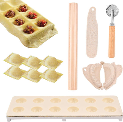5 Pieces Ravioli Mold Set,Includes 12 Holes Ravioli Maker Press, Wood Rolling Pin,Dumpling Press Mold, Filling Spoon,Ravioli Cutter,for Ravioli Press Mold Pasta Making Tools