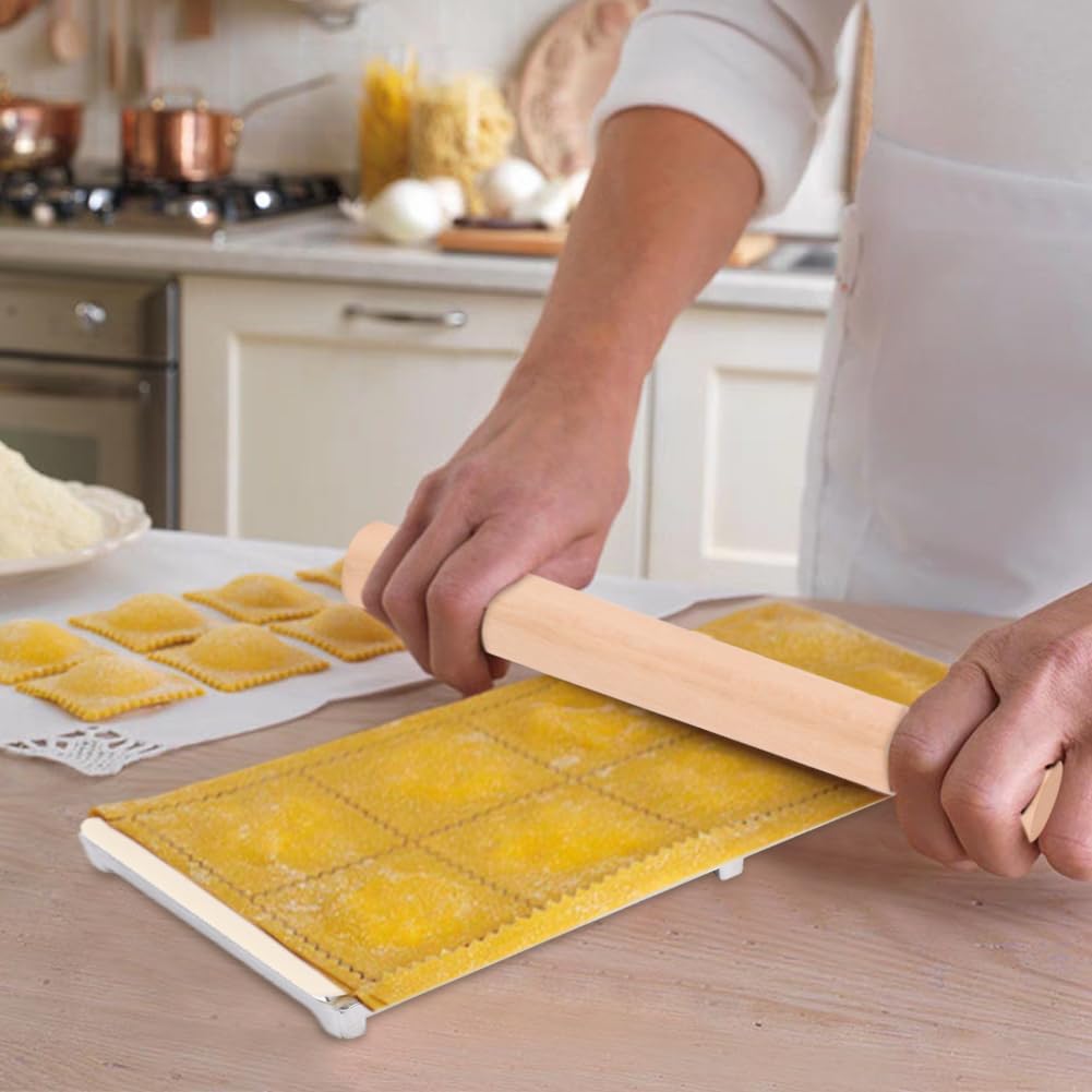 5 Pieces Ravioli Mold Set,Includes 12 Holes Ravioli Maker Press, Wood Rolling Pin,Dumpling Press Mold, Filling Spoon,Ravioli Cutter,for Ravioli Press Mold Pasta Making Tools