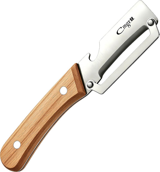 Vegetable Peeler, Stainless Steel Wooden Handle for Potato, Apple | Multifunctional, Ultra Sharp Zero-Snag Blade, Heavy Duty, Bottle Opener, Right-Hand Grip, Premium Fruit Veggie Kitchen Tool