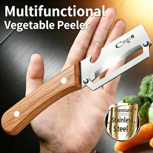 Vegetable Peeler, Stainless Steel Wooden Handle for Potato, Apple | Multifunctional, Ultra Sharp Zero-Snag Blade, Heavy Duty, Bottle Opener, Right-Hand Grip, Premium Fruit Veggie Kitchen Tool