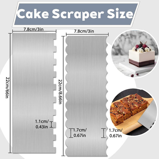 2 Pcs Stainless Metal Cake Scraper Smoother Double Sided Patterned Edge Cake Decorating Supplies Spatula Frosting Icing Tools Comb for Icing Cakes Buttercream Decorating