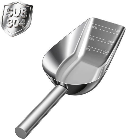 Dog-Cat Food Scoop 3/4 Cup, Thickened 304 Stainless Steel Pet Food Scoop with Long Handle, Precision Scale, Easy to Clean, Suitable for Wet and Dry Food