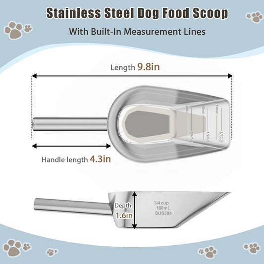 Dog-Cat Food Scoop 3/4 Cup, Thickened 304 Stainless Steel Pet Food Scoop with Long Handle, Precision Scale, Easy to Clean, Suitable for Wet and Dry Food