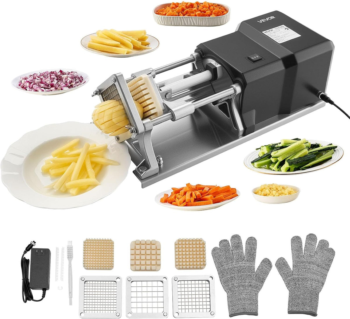 Commercial French Fry Cutter, Stainless Steel Vegetable Fruit Chopper with 3 Replacement Blades 1/2-Inch 3/8-Inch 1/4-Inch, Electric Potato Slicer Dicer for Restaurants & Home Kitchen