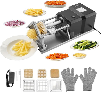 Commercial French Fry Cutter, Stainless Steel Vegetable Fruit Chopper with 3 Replacement Blades 1/2-Inch 3/8-Inch 1/4-Inch, Electric Potato Slicer Dicer for Restaurants & Home Kitchen