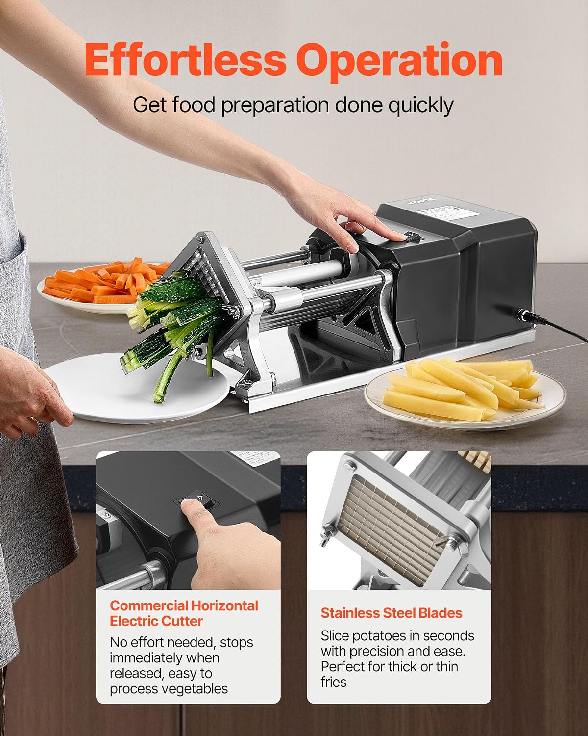 Commercial French Fry Cutter, Stainless Steel Vegetable Fruit Chopper with 3 Replacement Blades 1/2-Inch 3/8-Inch 1/4-Inch, Electric Potato Slicer Dicer for Restaurants & Home Kitchen