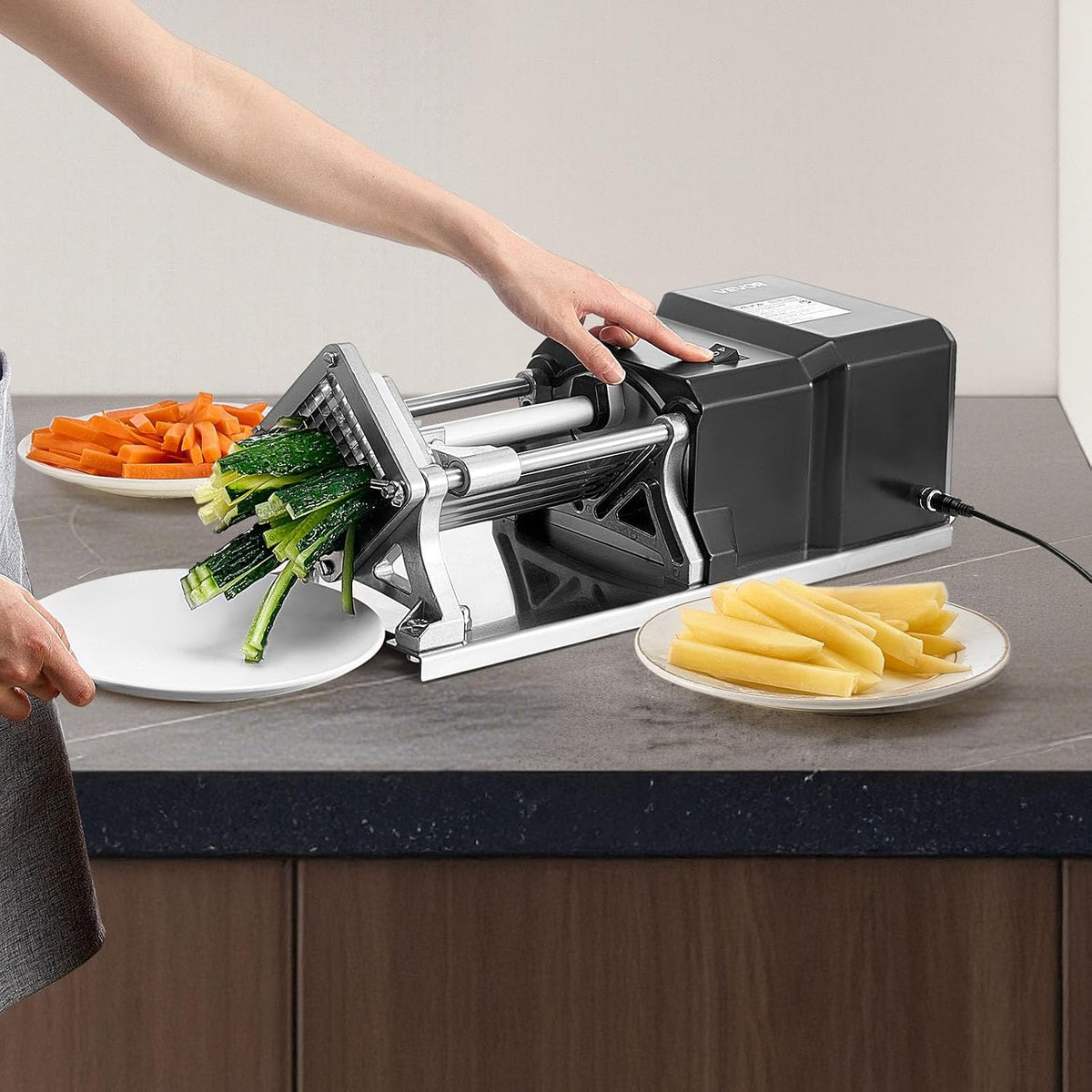 Commercial French Fry Cutter, Stainless Steel Vegetable Fruit Chopper with 3 Replacement Blades 1/2-Inch 3/8-Inch 1/4-Inch, Electric Potato Slicer Dicer for Restaurants & Home Kitchen