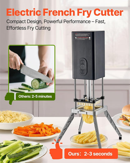 Commercial French Fry Cutter, Stainless Steel Vegetable Fruit Chopper with 3 Replacement Blades 1/2-Inch 3/8-Inch 1/4-Inch, Electric Potato Slicer Dicer for Restaurants & Home Kitchen