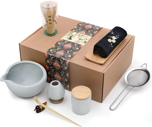 9Pcs Japanese Matcha Tea Set, Matcha Bowl with Pouring Spout, Matcha Whisk, Ceramic Whisk Holder, Tea Scoop, Matcha Powder Caddy, Traditional Handmade Matcha Ceremony Gift Box Kit
