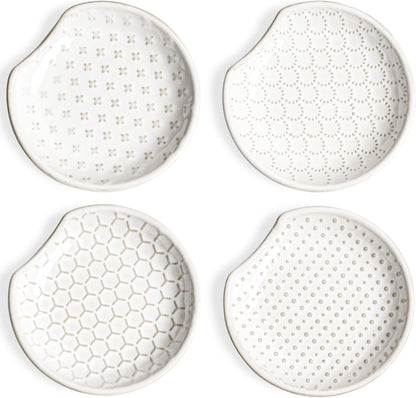 Ceramic Spoon Rests for Stove Top, Set of 4 Modern Farmhouse Spoon Holder for Kitchen Counter & Coffee Bar, 4.8 Inch Heat Resistant Utensil Rest for Cooking, Embossed, White