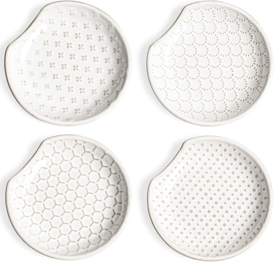 Ceramic Spoon Rests for Stove Top, Set of 4 Modern Farmhouse Spoon Holder for Kitchen Counter & Coffee Bar, 4.8 Inch Heat Resistant Utensil Rest for Cooking, Embossed, White