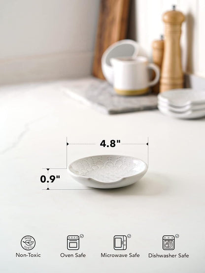 Ceramic Spoon Rests for Stove Top, Set of 4 Modern Farmhouse Spoon Holder for Kitchen Counter & Coffee Bar, 4.8 Inch Heat Resistant Utensil Rest for Cooking, Embossed, White