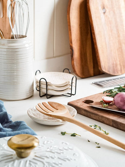 Ceramic Spoon Rests for Stove Top, Set of 4 Modern Farmhouse Spoon Holder for Kitchen Counter & Coffee Bar, 4.8 Inch Heat Resistant Utensil Rest for Cooking, Embossed, White