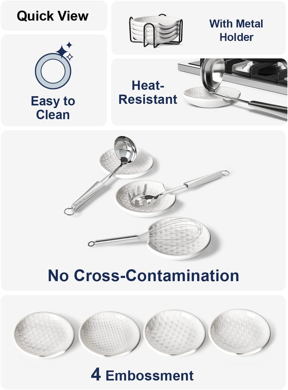 Ceramic Spoon Rests for Stove Top, Set of 4 Modern Farmhouse Spoon Holder for Kitchen Counter & Coffee Bar, 4.8 Inch Heat Resistant Utensil Rest for Cooking, Embossed, White