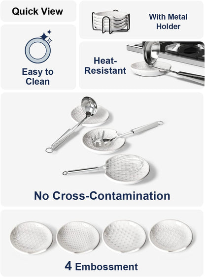 Ceramic Spoon Rests for Stove Top, Set of 4 Modern Farmhouse Spoon Holder for Kitchen Counter & Coffee Bar, 4.8 Inch Heat Resistant Utensil Rest for Cooking, Embossed, White