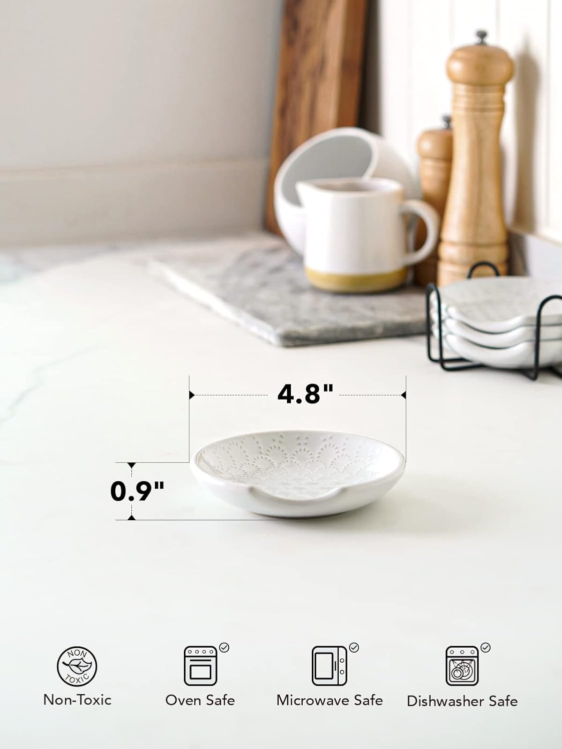 Ceramic Spoon Rests for Stove Top, Set of 4 Modern Farmhouse Spoon Holder for Kitchen Counter & Coffee Bar, 4.8 Inch Heat Resistant Utensil Rest for Cooking, Embossed, White