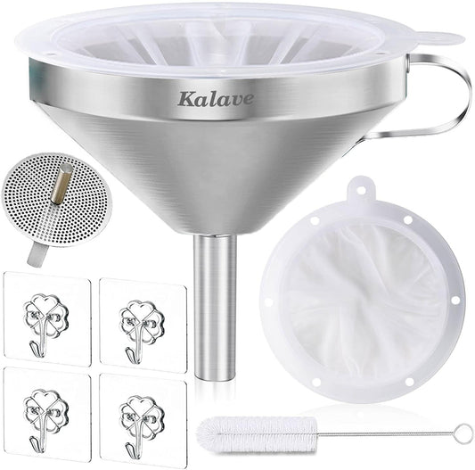 Premium Stainless Steel Funnel, 5 Inch Food Grade Kitchen Funnels with 200 Mesh Food Filter Strainer for Filling Bottles, Oils, Juice, Wine, Coffee, Milk