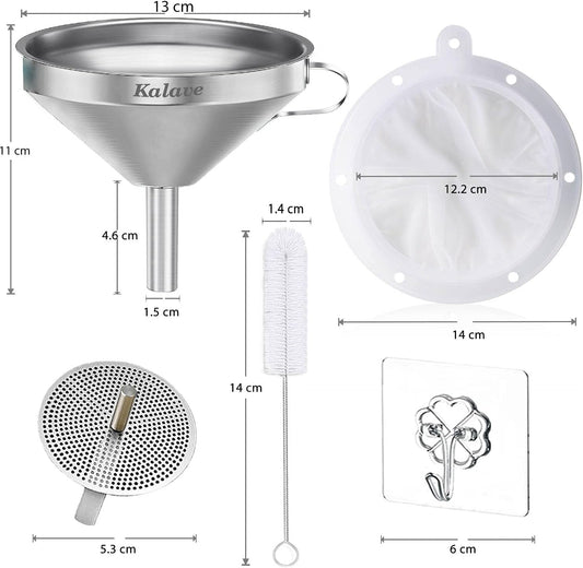 Premium Stainless Steel Funnel, 5 Inch Food Grade Kitchen Funnels with 200 Mesh Food Filter Strainer for Filling Bottles, Oils, Juice, Wine, Coffee, Milk