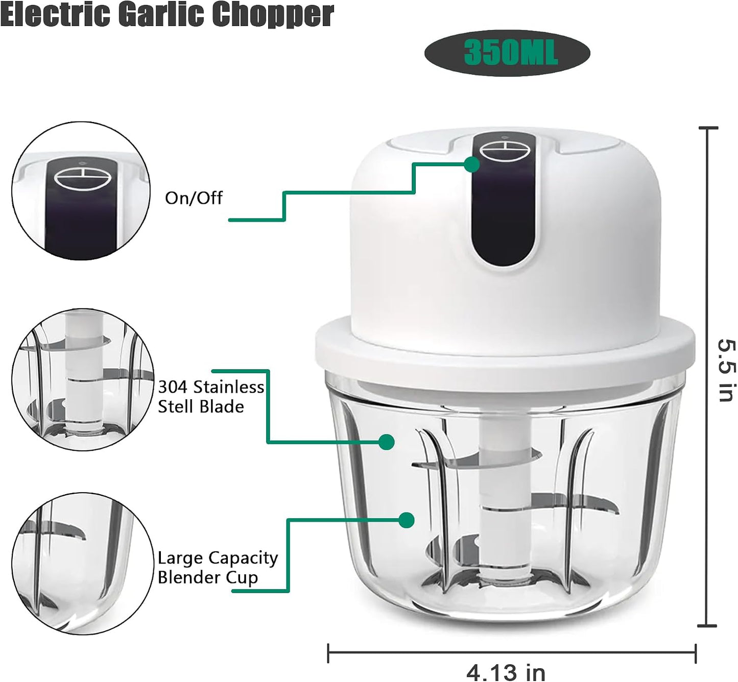 1.5 CUP Garlic Chopper,Electric Mini Food Processor,Portable Veggie Chopper | 350 ML Garlic Grinder Masher Onion Chopper, Blender to Vegetable, Kitchen Utensils for Ginger, Chili, Fruit, Meat, Spices