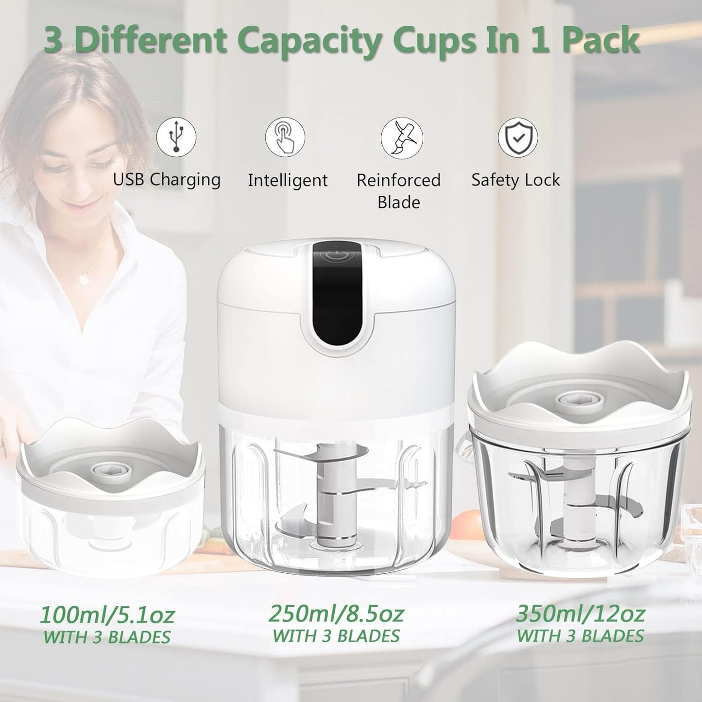 1.5 CUP Garlic Chopper,Electric Mini Food Processor,Portable Veggie Chopper | 350 ML Garlic Grinder Masher Onion Chopper, Blender to Vegetable, Kitchen Utensils for Ginger, Chili, Fruit, Meat, Spices