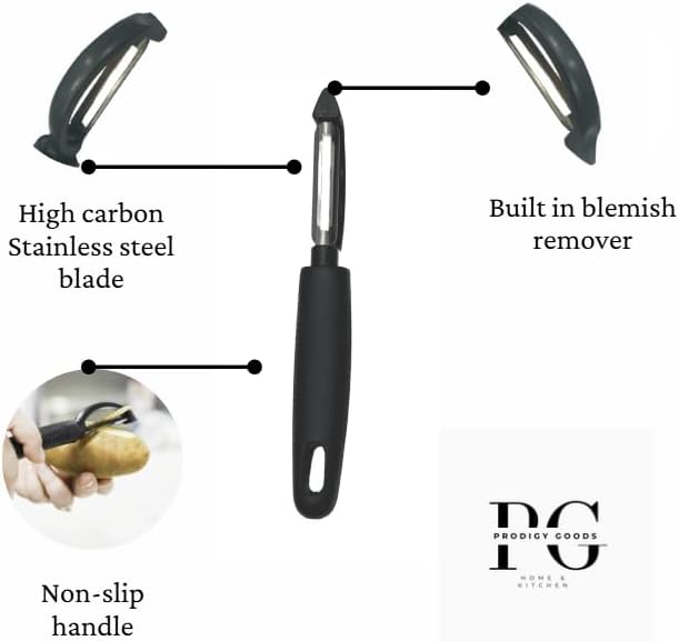 Prodigy Goods LLC Vegetable Peeler - High Carbon Stainless Steel Swivel Peeler, Enhanced Grip with Rubber for Comfort, Perect Kitchen Peeler For Veggie, Fruit, Potato, Carrot, Apple, Black