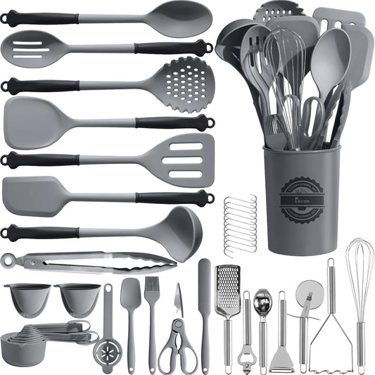 43Pcs Large Kitchen Utensils Set - Silicone Cooking Utensils Set, Dishwasher Safe Spatula Set for Non-stick Cookware, 446°F Heat Resistant Kitchen Utensils Set with Holder BPA Free, Grey