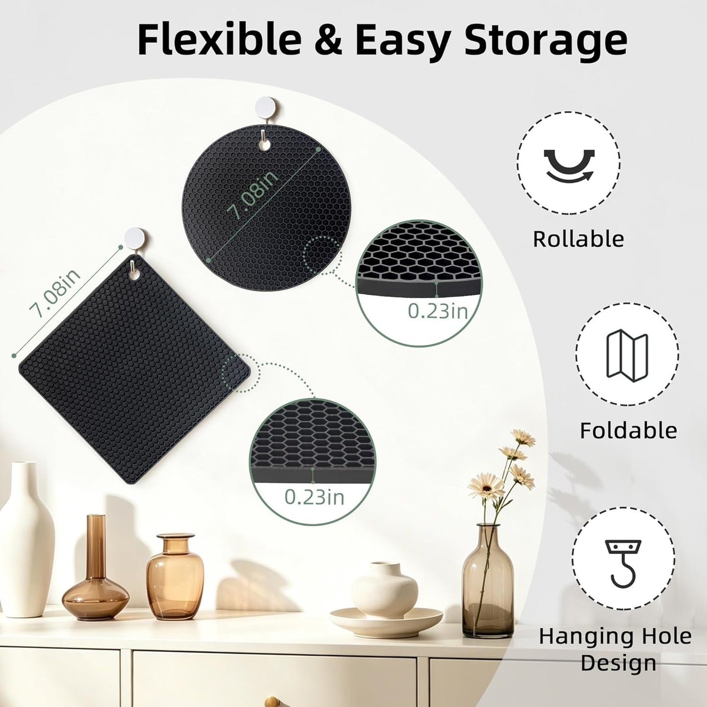 Silicone Trivets for Hot Dishes, Set of 4 Trivet Mats, Heat Resistant Hot Pads for Kitchen Countertops, Non-Slip Honeycomb Pot Holders & Counter Protectors for Hot Pots & Pans (Black)