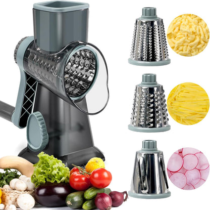 Rotary Cheese Cheese Grater Hand Crank Vegetable Cheese Grater for Kitchen 3 Changeable Blades for Cheese Potato Zucchini Nuts Chocolate - GreyBlue